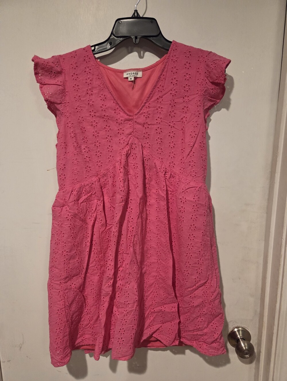 Andree Hot Pink Eyelet V-Neck Dress with Flutter Sleeves